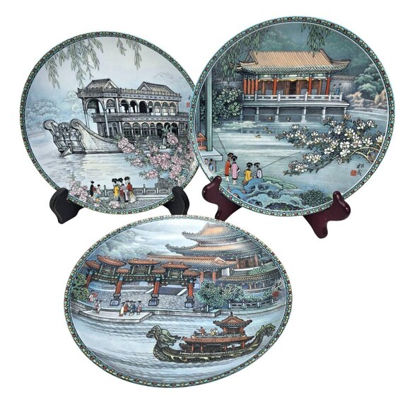 Imperial Jingdezhen Blue Chinese Porcelain Plates Scenic Waterside Art JE349 - Picture 1 of 8